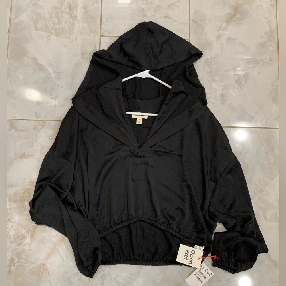 Open Edit Nordstrom NWT Black Hooded Crop Half Zip
